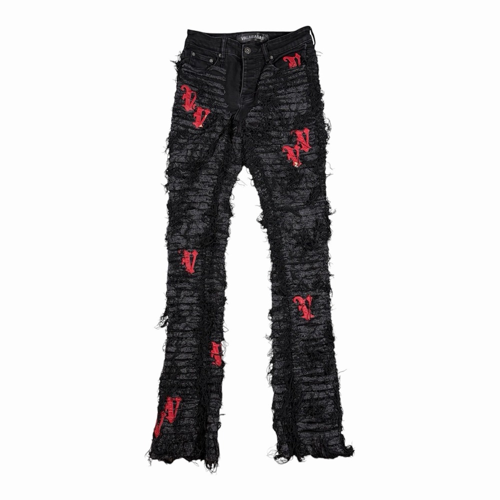 Valabasas V-Ironic Men's 29x35 Black Stacked Flare Fringe Distressed Jeans EUC